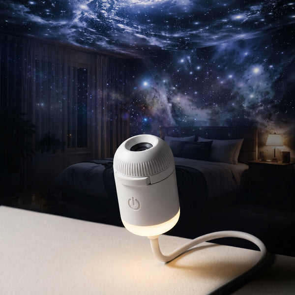 White gooseneck USB galaxy projector on a nightstand casting a galaxy across the ceiling