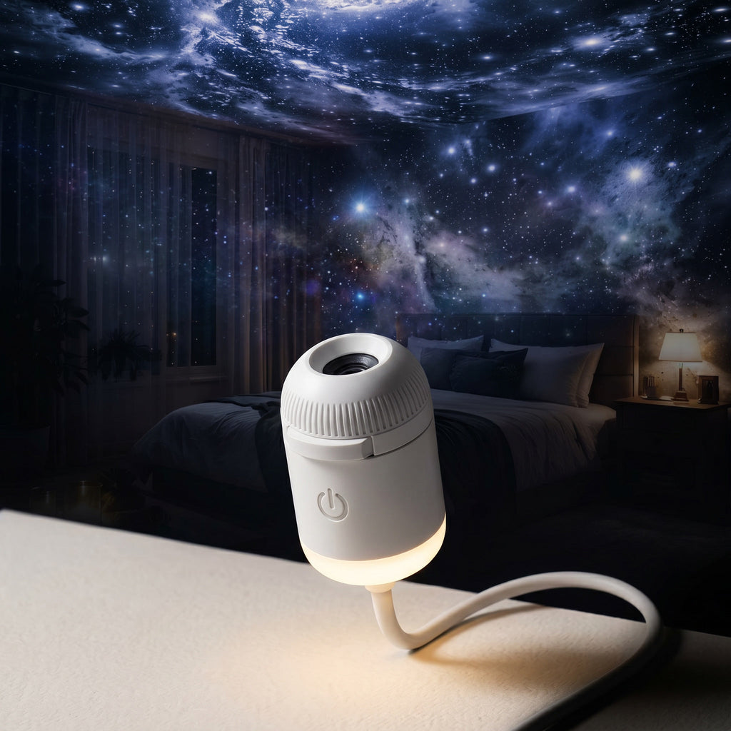 White gooseneck USB galaxy projector on a nightstand casting a galaxy across the ceiling