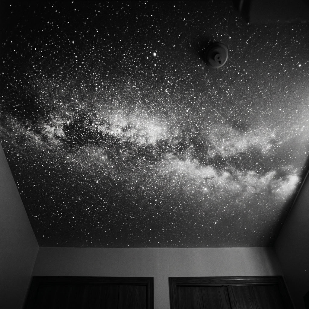 Bedroom ceiling covered in a black-and-white Milky Way projection